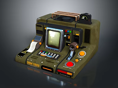 Retro Industrial Console With Green Screen Colorful Buttons Knobs And Alert Status Label 3d model