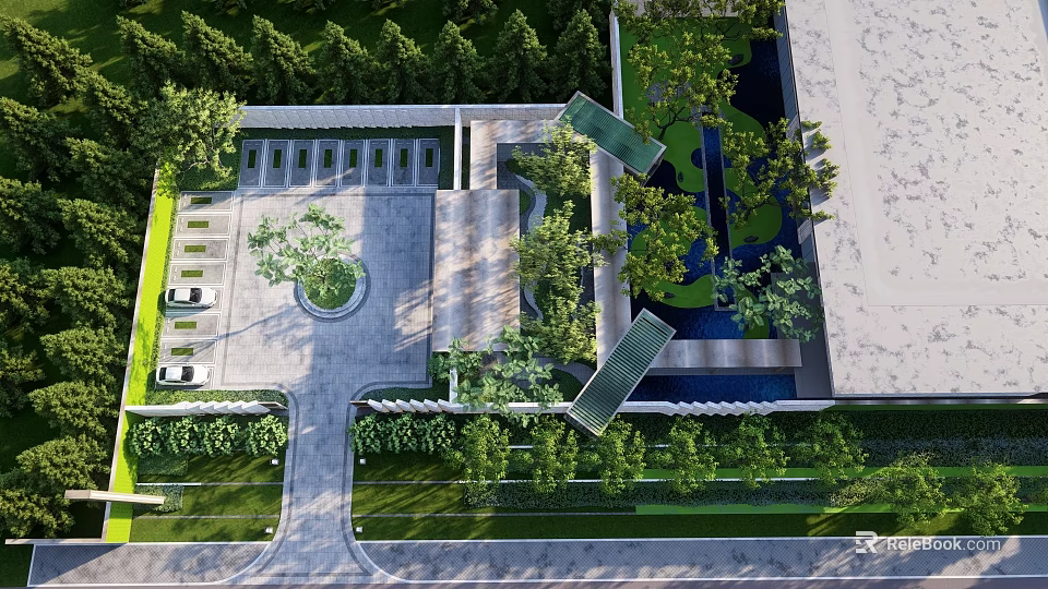Modern Landscape Feature Wall Design With Lush Greenery Water Elements And Stone Pathway 3d model
