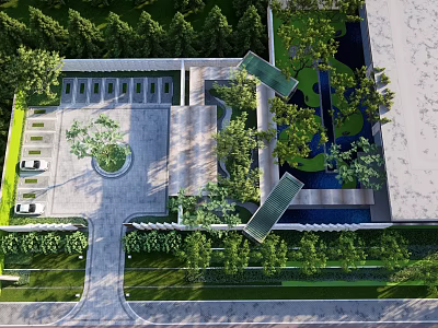 Modern Landscape Feature Wall Design With Lush Greenery Water Elements And Stone Pathway 3d model