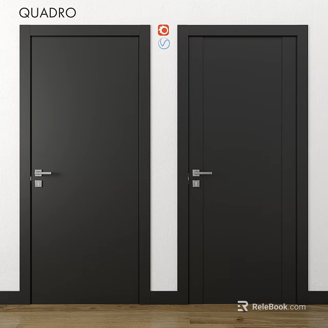 Modern Black Double Swing Doors with Silver Handles and White Wall Background 3d model