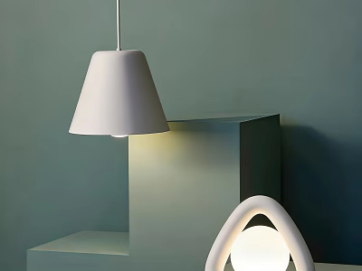 Modern White Lighting Combinations With Pendant Lamp And Arched Table Lamp On Geometric Stand 3d model