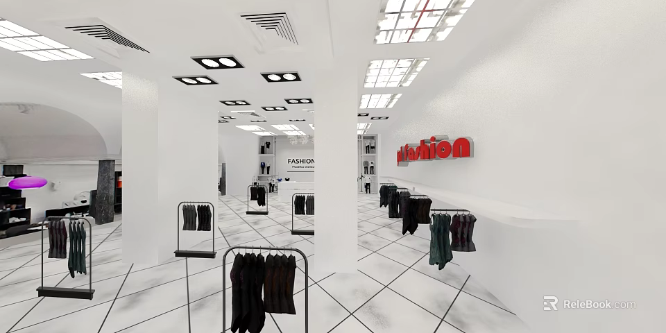 Modern Clothing Store Interior With Fashion Apparel Hanging Displays And Vision Sign 3d model 