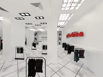 Modern Clothing Store Interior With Fashion Apparel Hanging Displays And Vision Sign 3d model