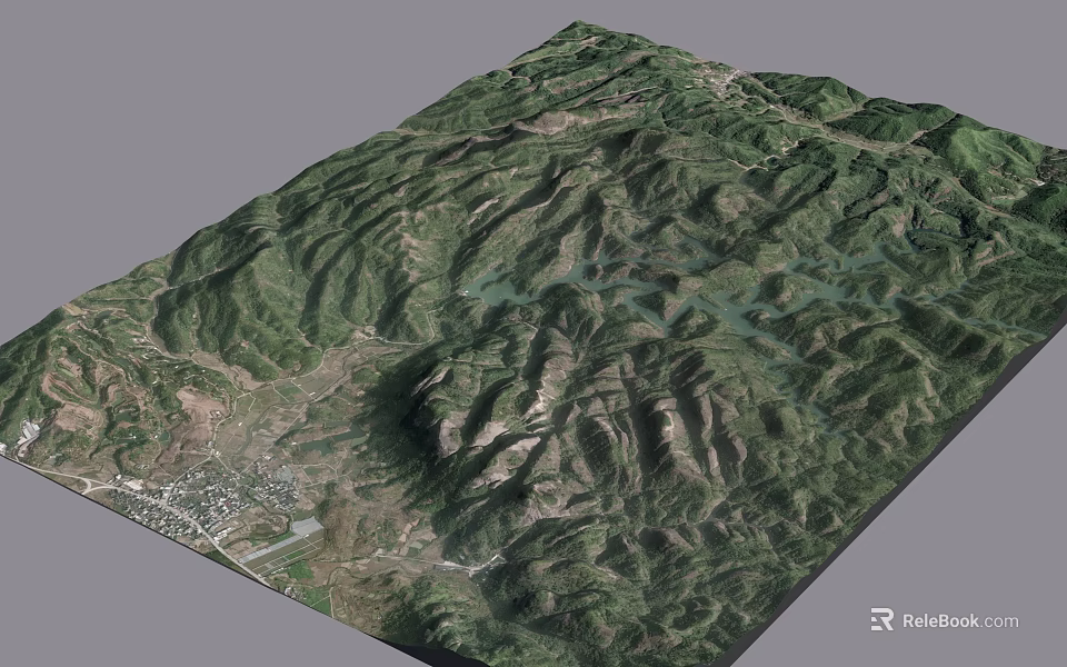 Detailed 3D Topographic Model With Mountain Terrain River And Green Vegetation 3d model 