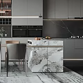 Modern Restaurant Interior With Open Design Marble Island Grey Cabinets Dining Table And Hanging Lights