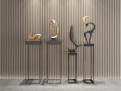 Metal Sculptures On Black Display Stands Against Striped Wooden Wall With Curved And Circular Designs 3d model