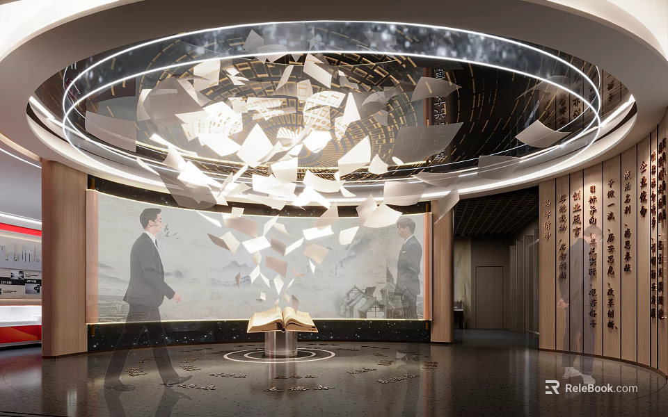 Modern Exhibition Space With Circular Ceiling Installation Floating Paper Pieces And Open Book 3d model 