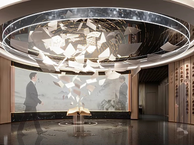 Modern Exhibition Space With Circular Ceiling Installation Floating Paper Pieces And Open Book 3d model
