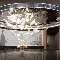 Modern Exhibition Space With Circular Ceiling Installation Floating Paper Pieces And Open Book 3d model
