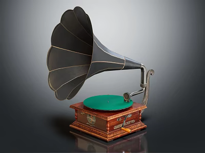 Vintage Gramophone Audio Equipment With Brass Horn Wooden Base And Green Turntable 3d model