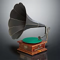 Vintage Gramophone Audio Equipment With Brass Horn Wooden Base And Green Turntable