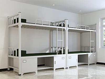 Sturdy White Bunk Bed with Built in Desk and Storage Cabinets for Dorm Rooms 3d model