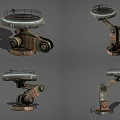 Rustic Industrial Art Installation With Circular Platform And Mechanical Metal Arm Structure