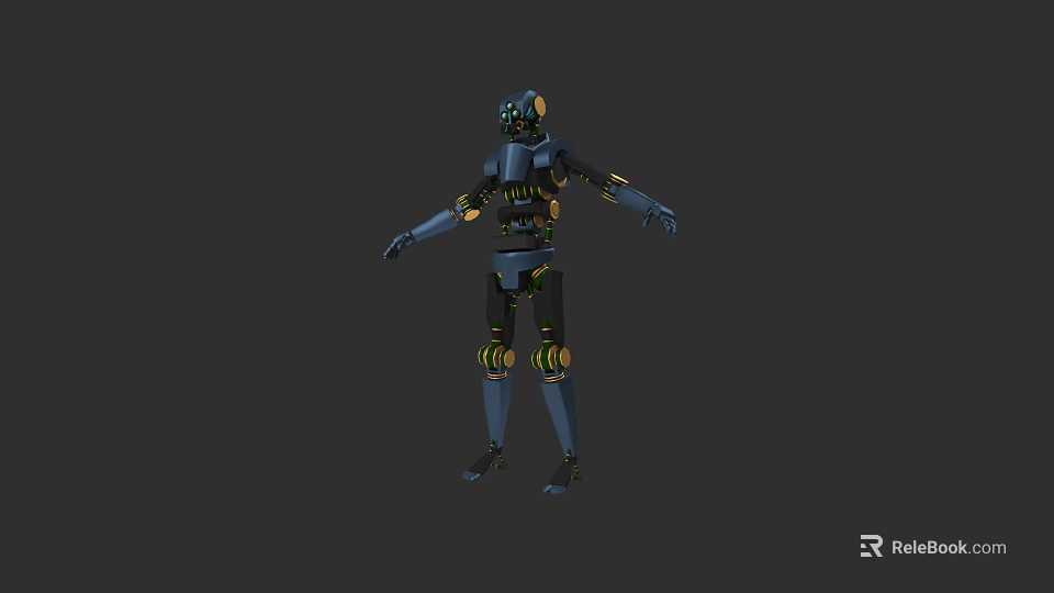 Game And Movie Robot Character With Blue Black Mechanical Body Yellow Joints Standing Pose 3d model 