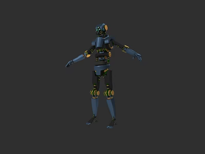 Game And Movie Robot Character With Blue Black Mechanical Body Yellow Joints Standing Pose 3d model