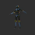 Game And Movie Robot Character With Blue Black Mechanical Body Yellow Joints Standing Pose