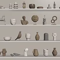 Modern Minimalist Decorative Ornament Set on Shelves with Neutral Tones including Sculptures Vases Animal Figures