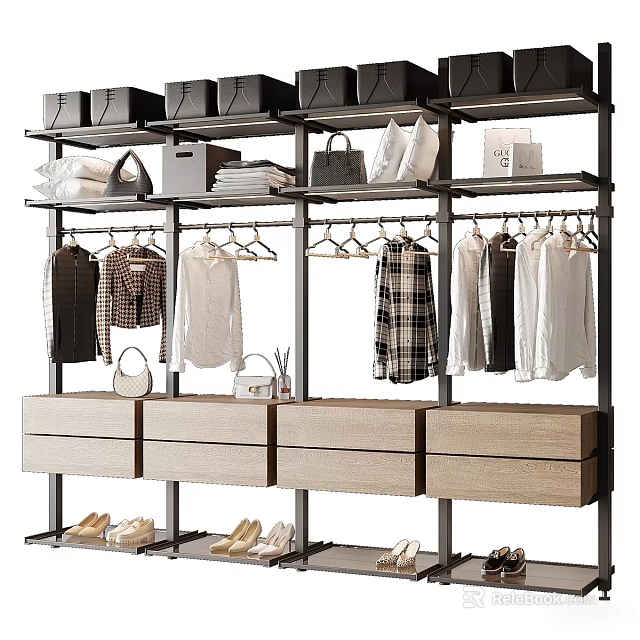 Modern Open Closet System Featuring Hanging Rods Drawers Storage Boxes Bags And Clothes 3d model 