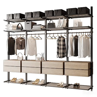Modern Open Closet System Featuring Hanging Rods Drawers Storage Boxes Bags And Clothes 3d model