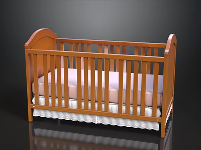 Wooden Baby Crib With Pink Mattress And White Bed Skirt Railings 3d model