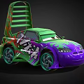 Animated Purple and Green Car with Klik Graphics and Ladder Structure on Roof