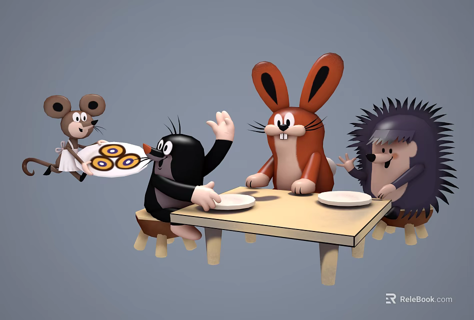 Cartoon Mouse Mole Rabbit And Hedgehog Having Meal At Wooden Table With Plates 3d model 
