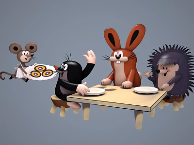 Cartoon Mouse Mole Rabbit And Hedgehog Having Meal At Wooden Table With Plates 3d model