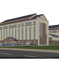 Modern Office Building With Large Glass Windows Dark Roof Front Lawn And Parked Cars
