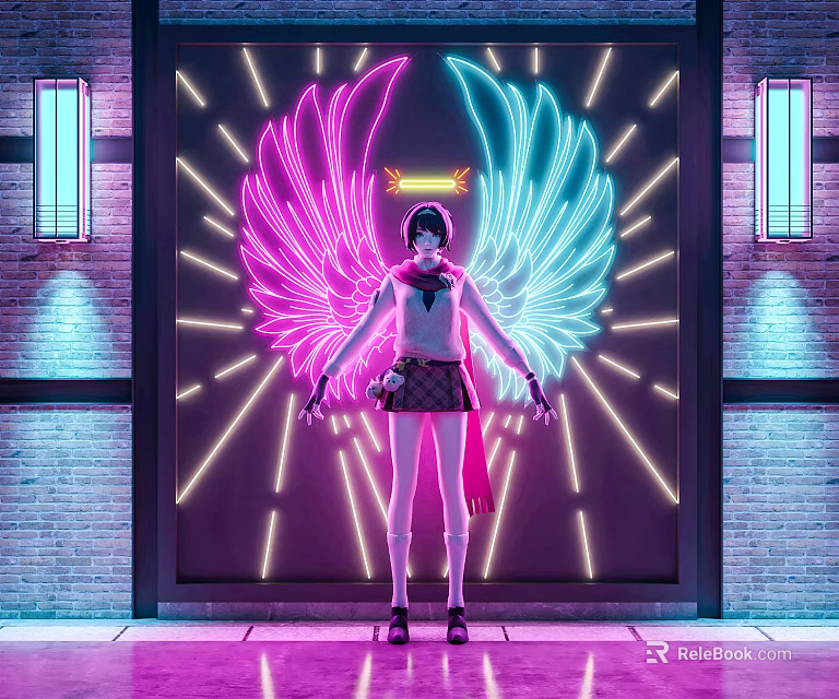 Neon Decorative Lights With Pink Blue Wings And Glowing Lines On Brick Wall 3d model 