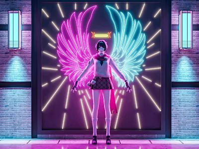 Neon Decorative Lights With Pink Blue Wings And Glowing Lines On Brick Wall 3d model