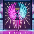 Neon Decorative Lights With Pink Blue Wings And Glowing Lines On Brick Wall