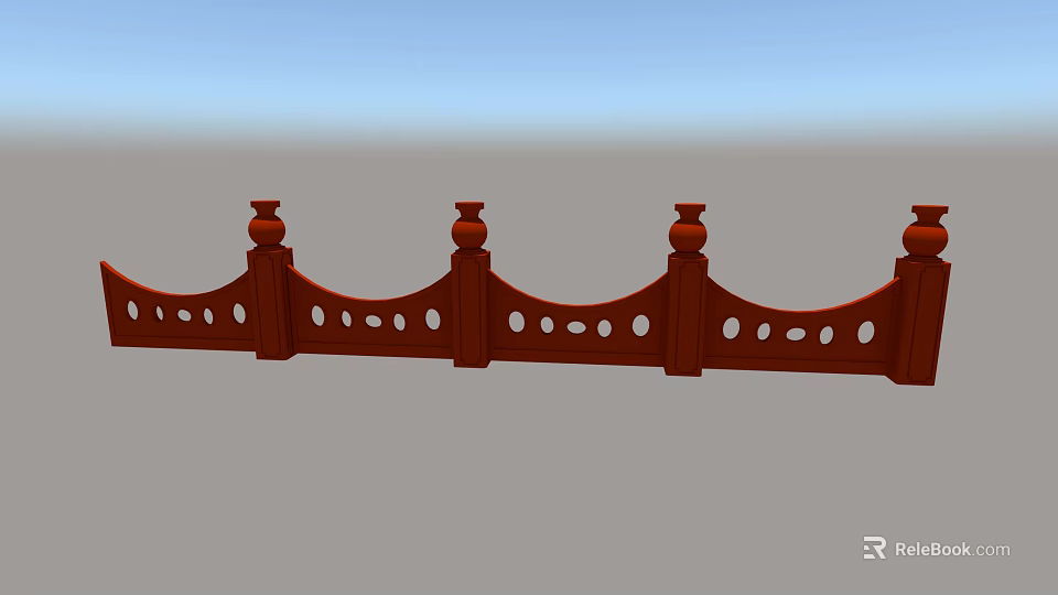 Red Elegant Traditional Decorative Railing Featuring Carved Posts and Circular Cutouts 3d model