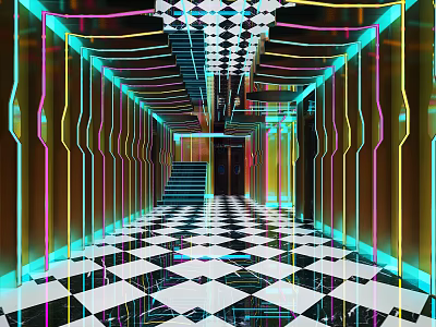 Modern KTV Corridor With Neon Lights Black And White Checkered Floor And Geometric Ceiling 3d model