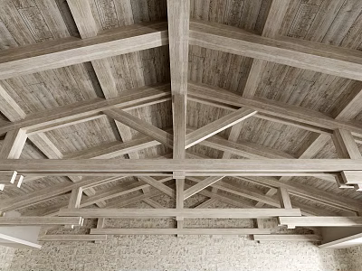 Wooden Roof Truss Components Featuring Cross Beams And Structural Design Elements 3d model