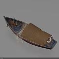 Traditional Wooden Boat With Fishing Net And Canvas Canopy On Deck