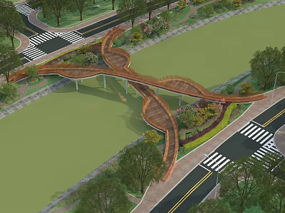 Curved Wooden Landscape Bridge Connecting Crossroads With Green Trees And Pathways 3d model