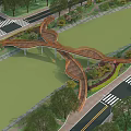 Curved Wooden Landscape Bridge Connecting Crossroads With Green Trees And Pathways