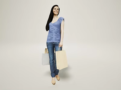 Smiling Woman Holding Shopping Bags In Blue Top Jeans And Beige Shoes Against Gray Background 3d model