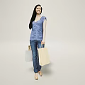Smiling Woman Holding Shopping Bags In Blue Top Jeans And Beige Shoes Against Gray Background