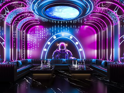 Neon Lit KTV With Astronaut Figure Purple Blue Lighting Curved Walls Sofas And Tables Glasses 3d model