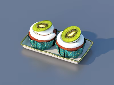 Delicious Homemade Cupcakes Topped With Fresh Kiwi Slices On Serving Tray 3d model