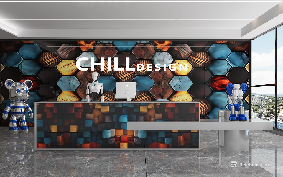 Store Front Desk With CHILL DESIGN Logo Colorful Hexagonal Background Wall Block Counter Robot Models 3d model