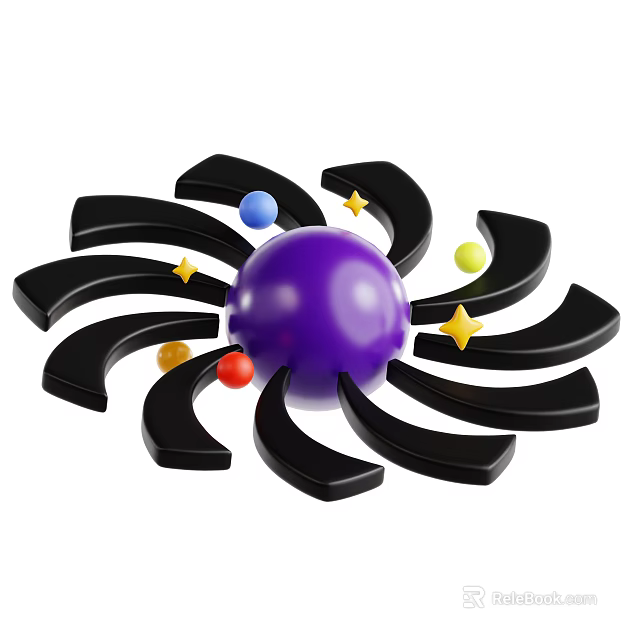 Cosmic Astronomy Display Featuring Purple Sphere Black Curved Structures Colorful Small Spheres And Yellow Stars 3d model 