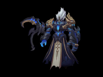 Mythical Dark Warrior With White Hair Blue Glowing Armor Golden Decorations Holding Scythe And Sword 3d model