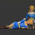 Blue Clad Golden Haired Characters Scene With Standing Supporting Prone Figure On Reflective Surface