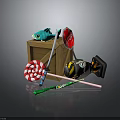 Colorful Weapon Collection With Sword Lollipop Stick Stop Sign And Bomb In Wooden Crate