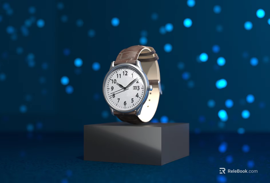 Stylish Watch Display on Black Stand with Blue Background and Light Spots 3d model 