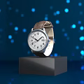 Stylish Watch Display on Black Stand with Blue Background and Light Spots