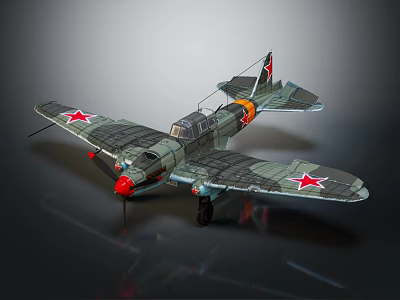 Vintage Military Airplane Model With Camouflage Paint Red Stars On Wings And Red Nose 3d model