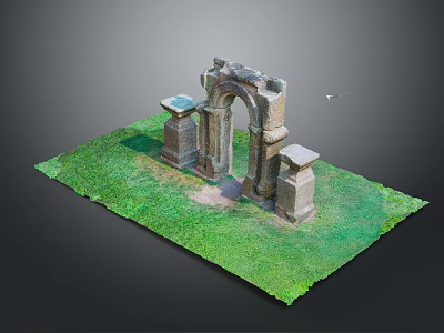 Ancient Stone Arch Scenery With Green Grass Stone Pillars And Flying Bird Background 3d model